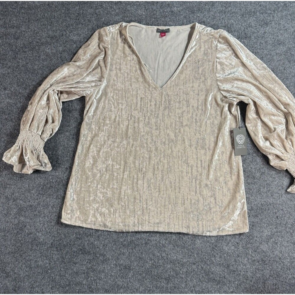 Vince Camuto V‑Neck Velvet Shine Blouson Top – Elegant Pearl – Women’s L - NWT